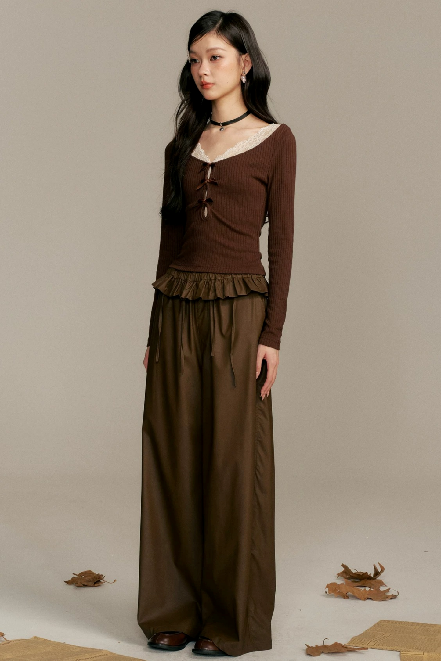 Caramel Lace Patchwork Skirt Pants Set-Up