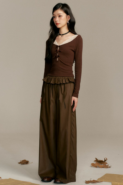 Caramel Lace Patchwork Skirt Pants Set-Up