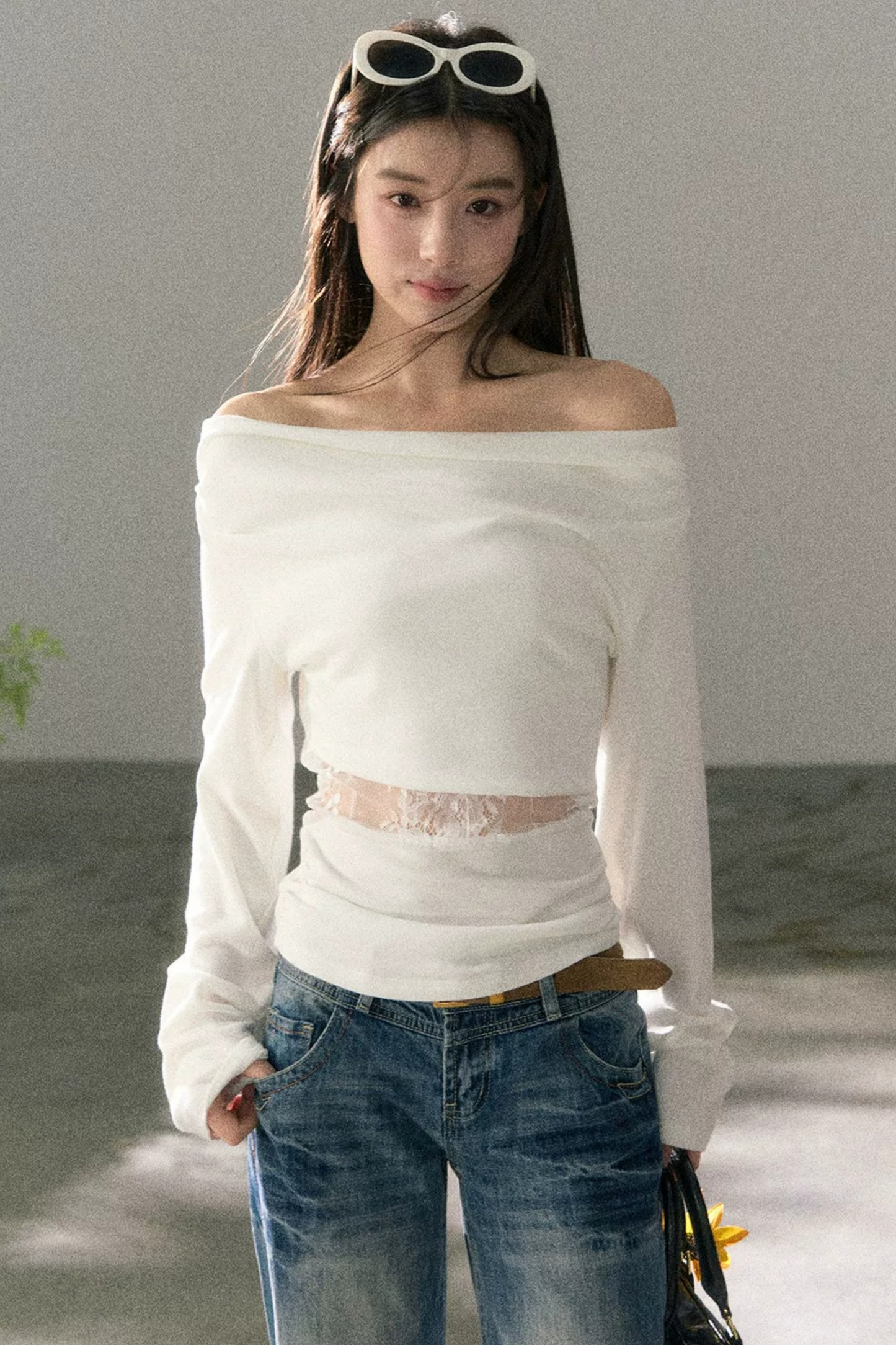 White Lace Cutout Draped Top Set-Up