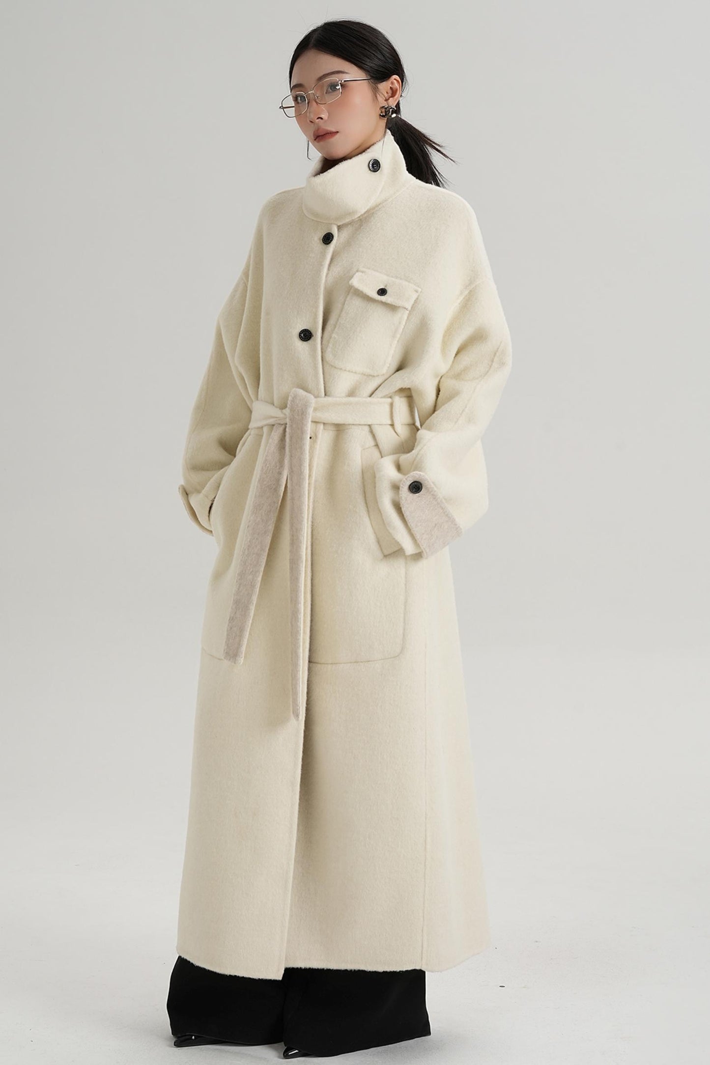 Temperament Design Color-Blocking Woolen Coat