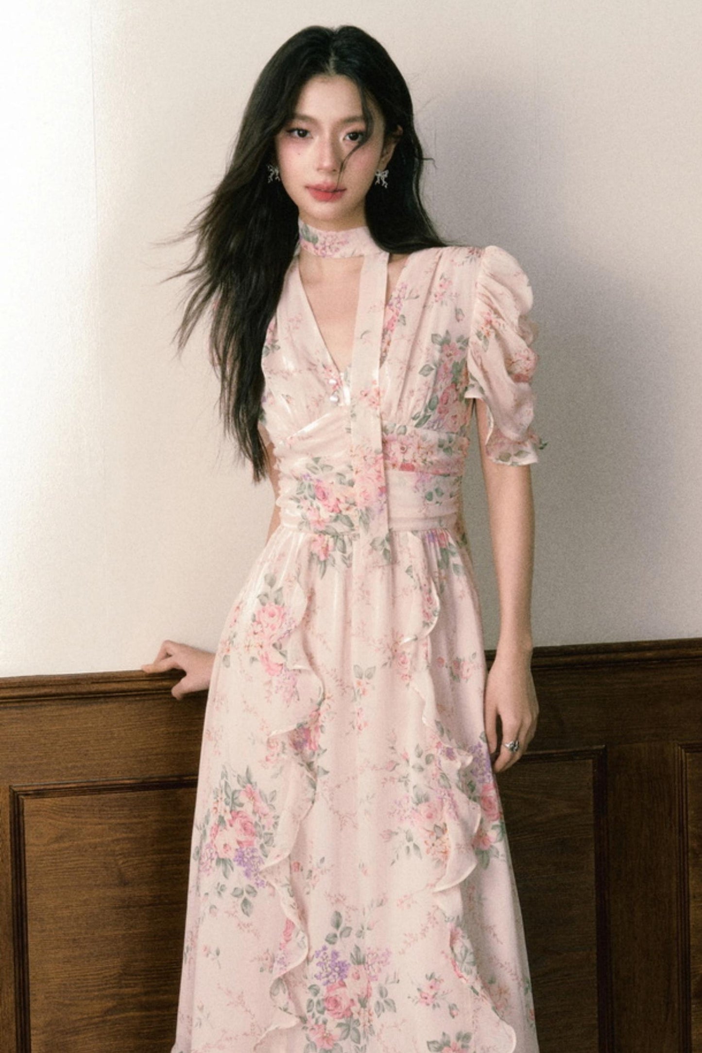 Pink Chiffon V-Neck Summer Dress