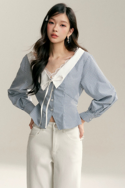 Lace Trim Plaid Blouse