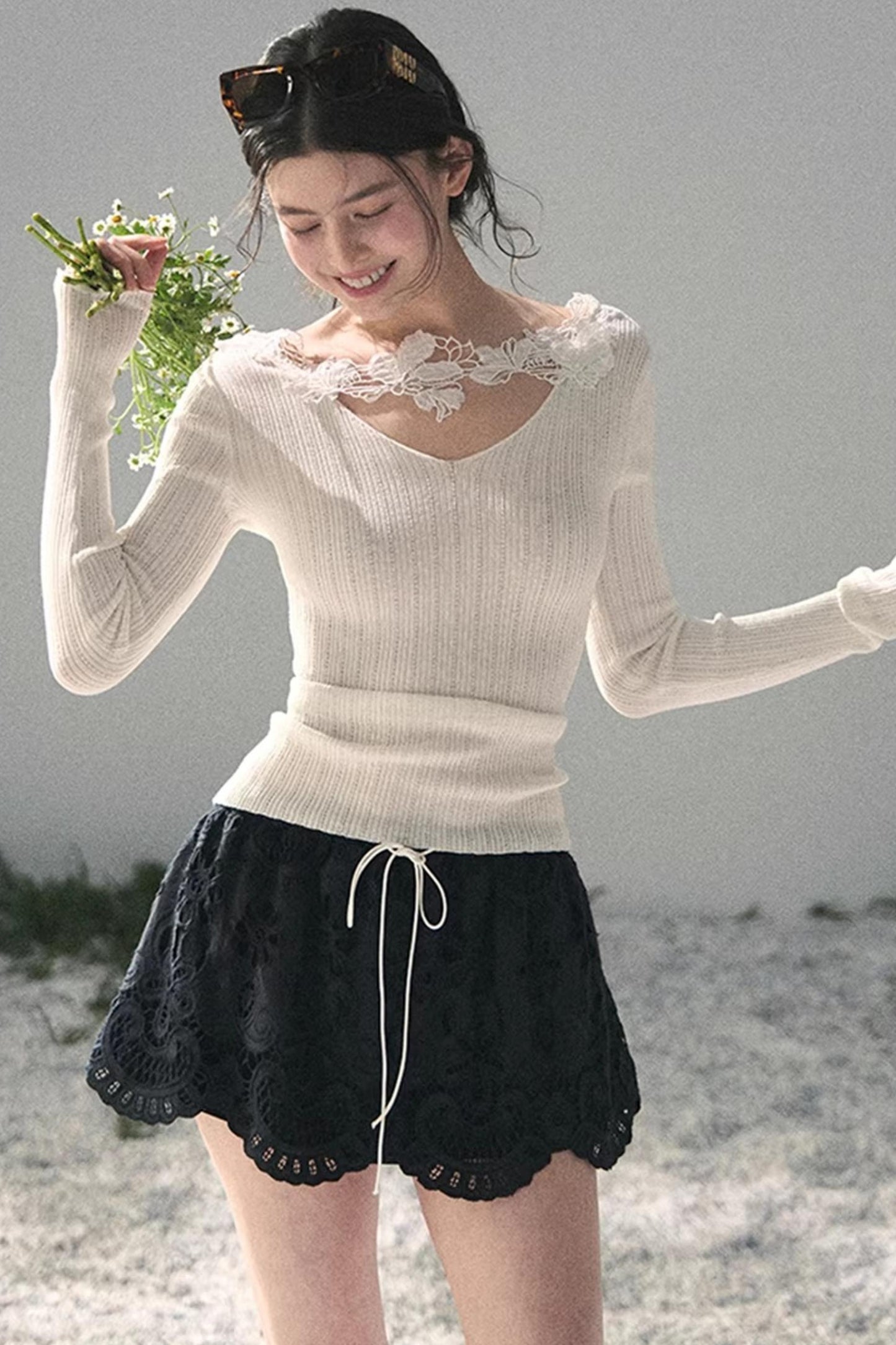 Lace-Trimmed Knitted Top