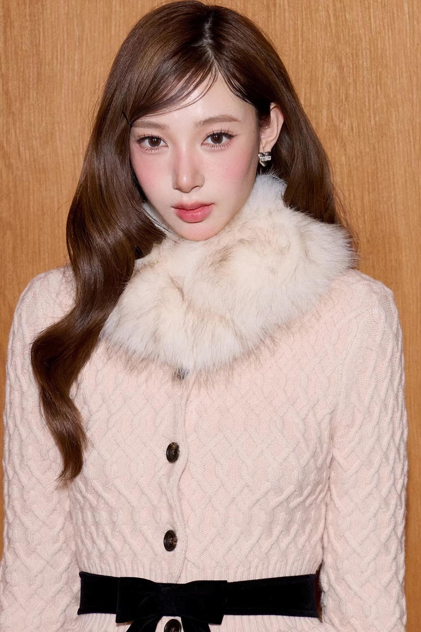 Fur Collar Knitted Cardigan Set