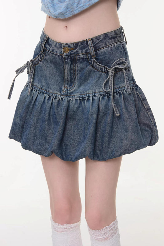 Sweet Bubble Bowknot Denim Skirt