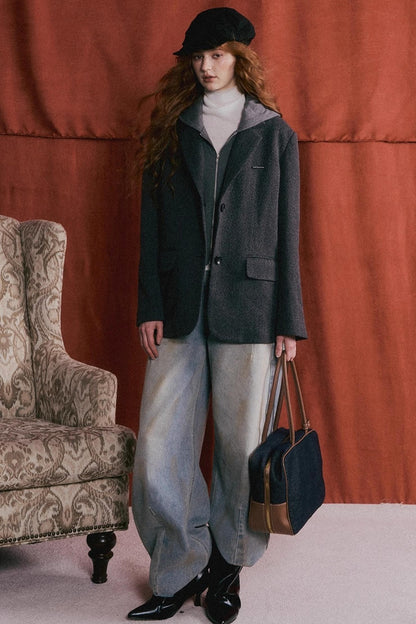 Gray Wool Hooded Blazer Jacket