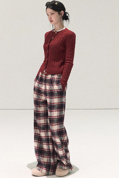 Pure Cotton Plaid Wide-Leg Pants