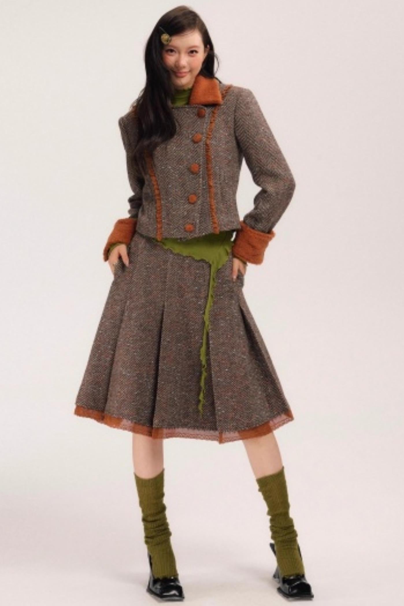 Vintage Wool Herringbone Coat Skirt Set-Up