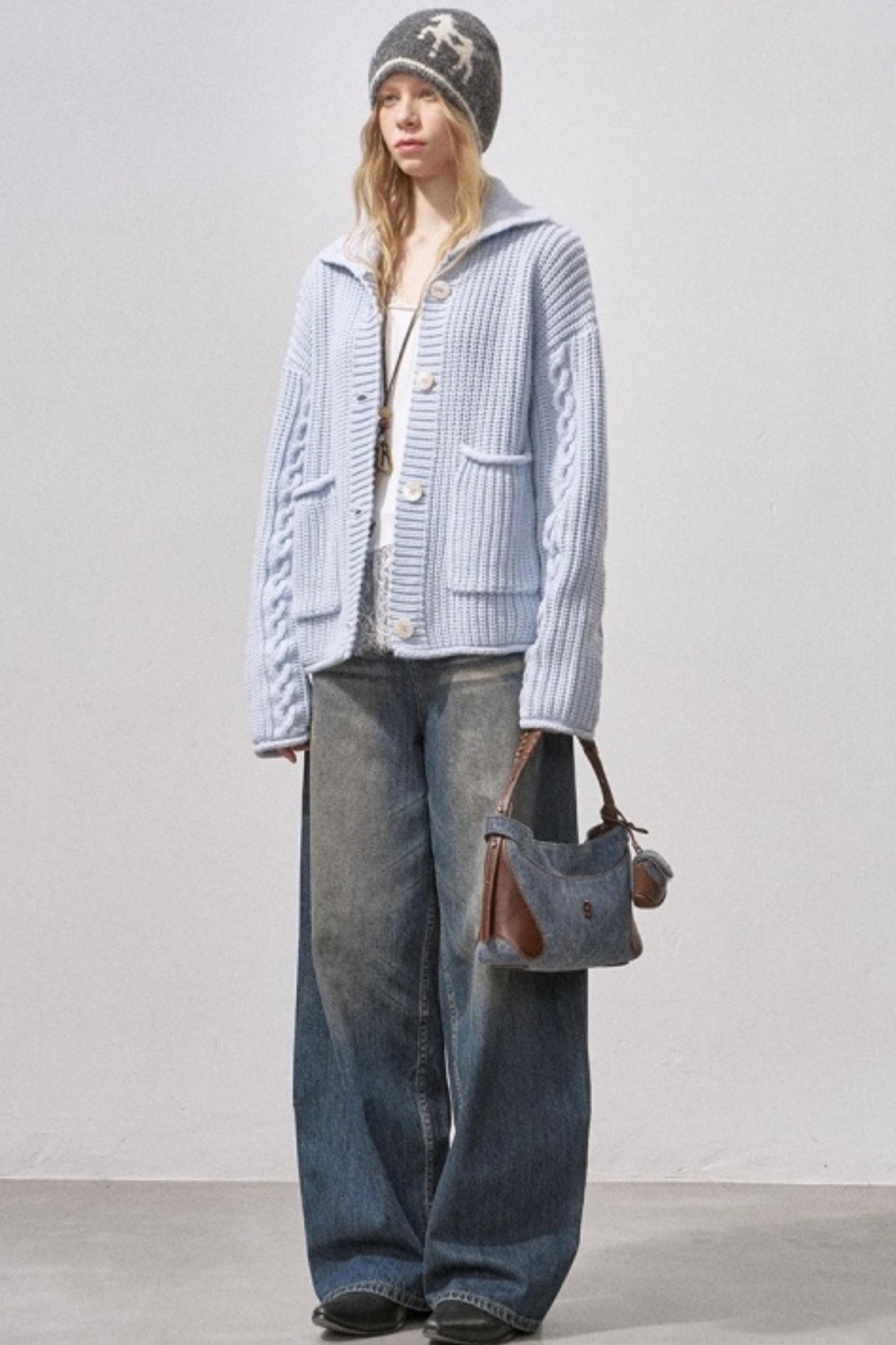 Thick Cable Knit Turtleneck Cardigan