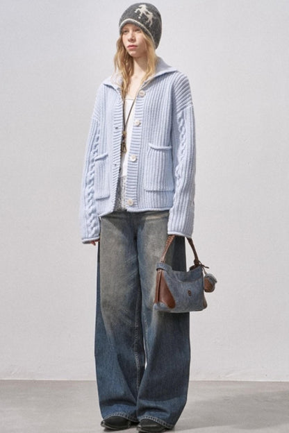 Thick Cable Knit Turtleneck Cardigan