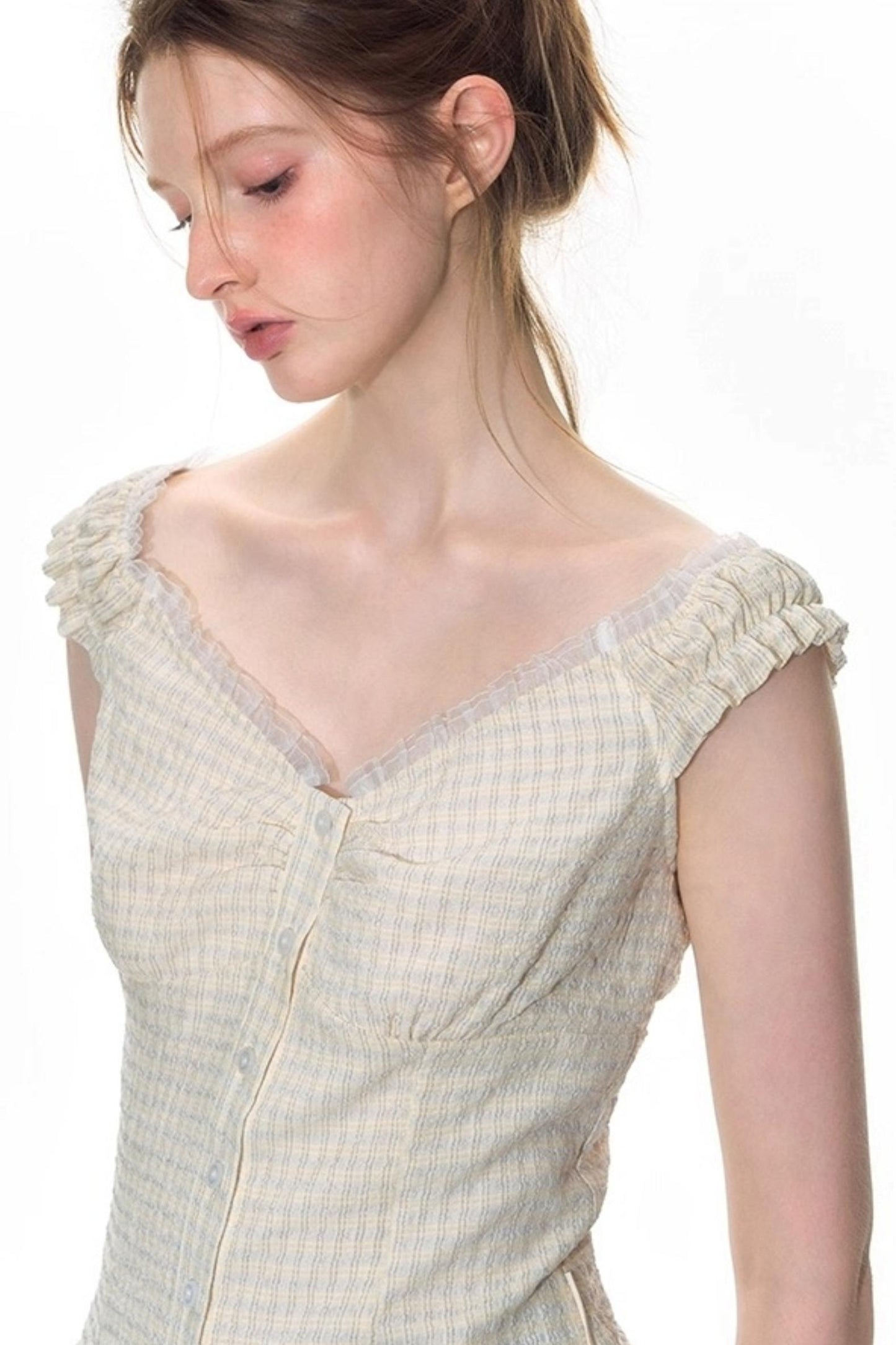 Checked Sleeveless One-Shoulder Shirt Set-Up