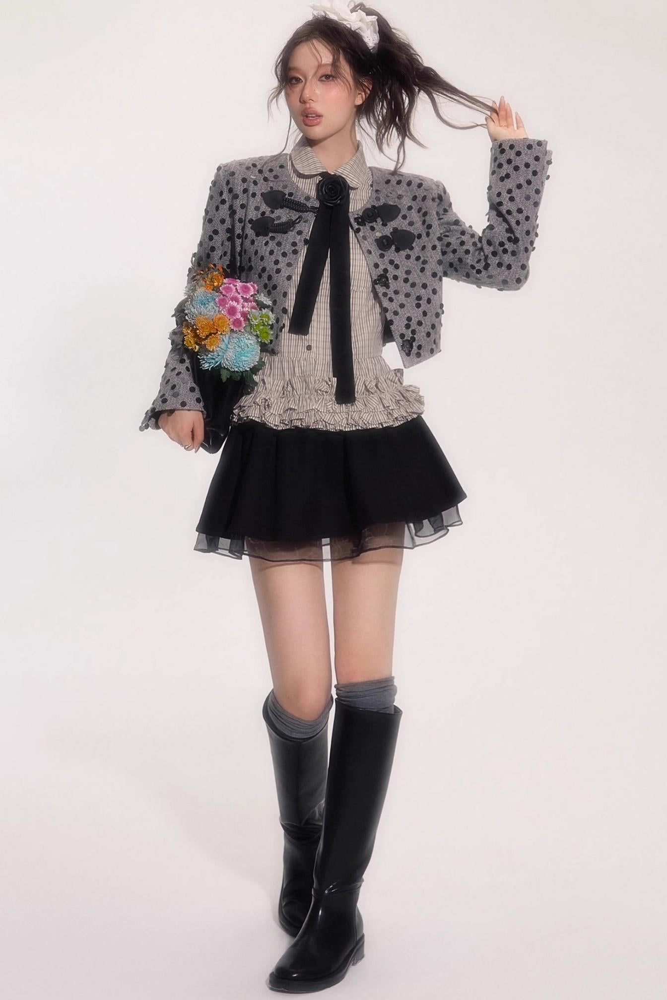 Flower Hem Shirt With Tie Set-Up