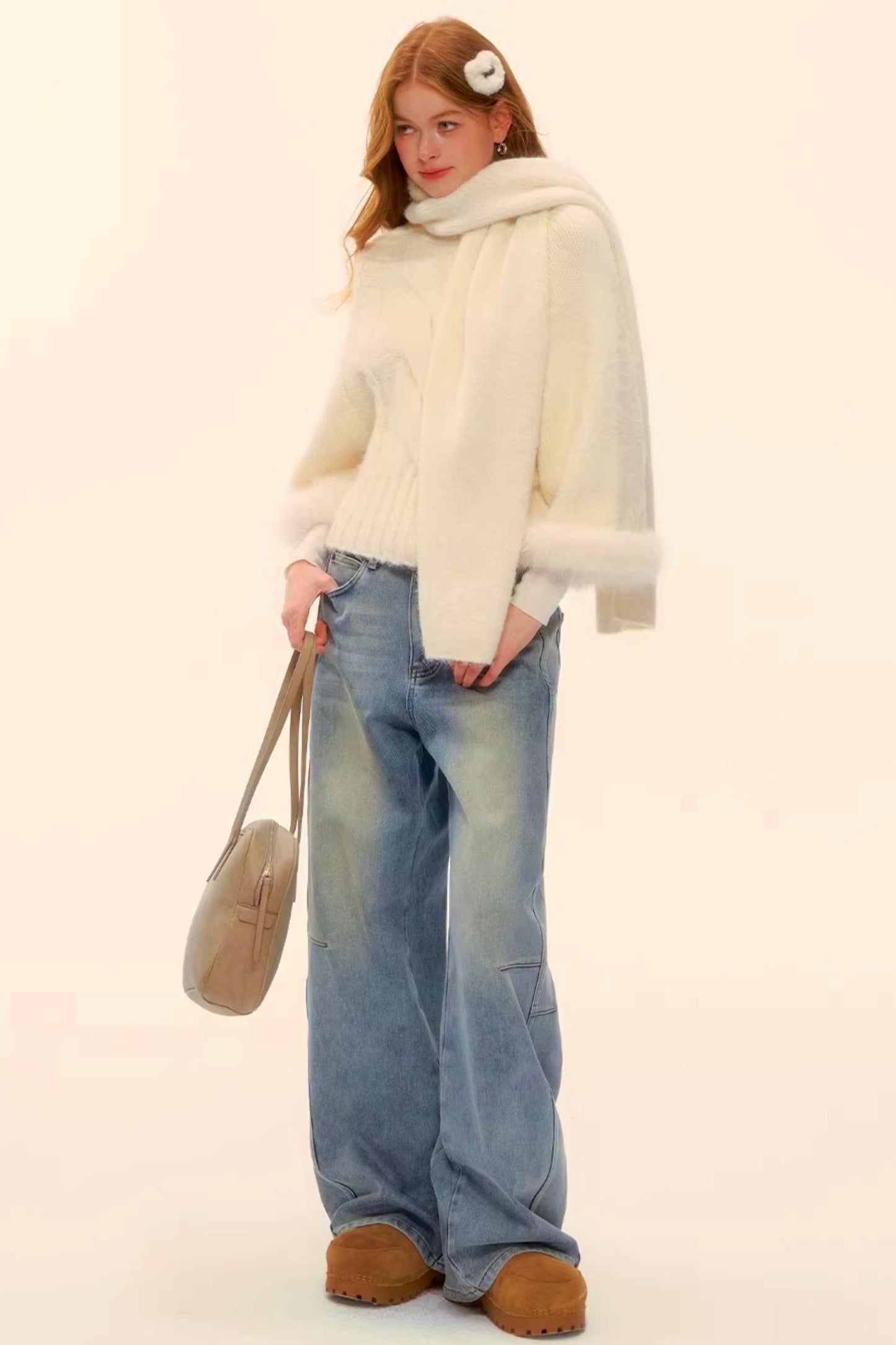 Washed Denim Curved Cut Pants