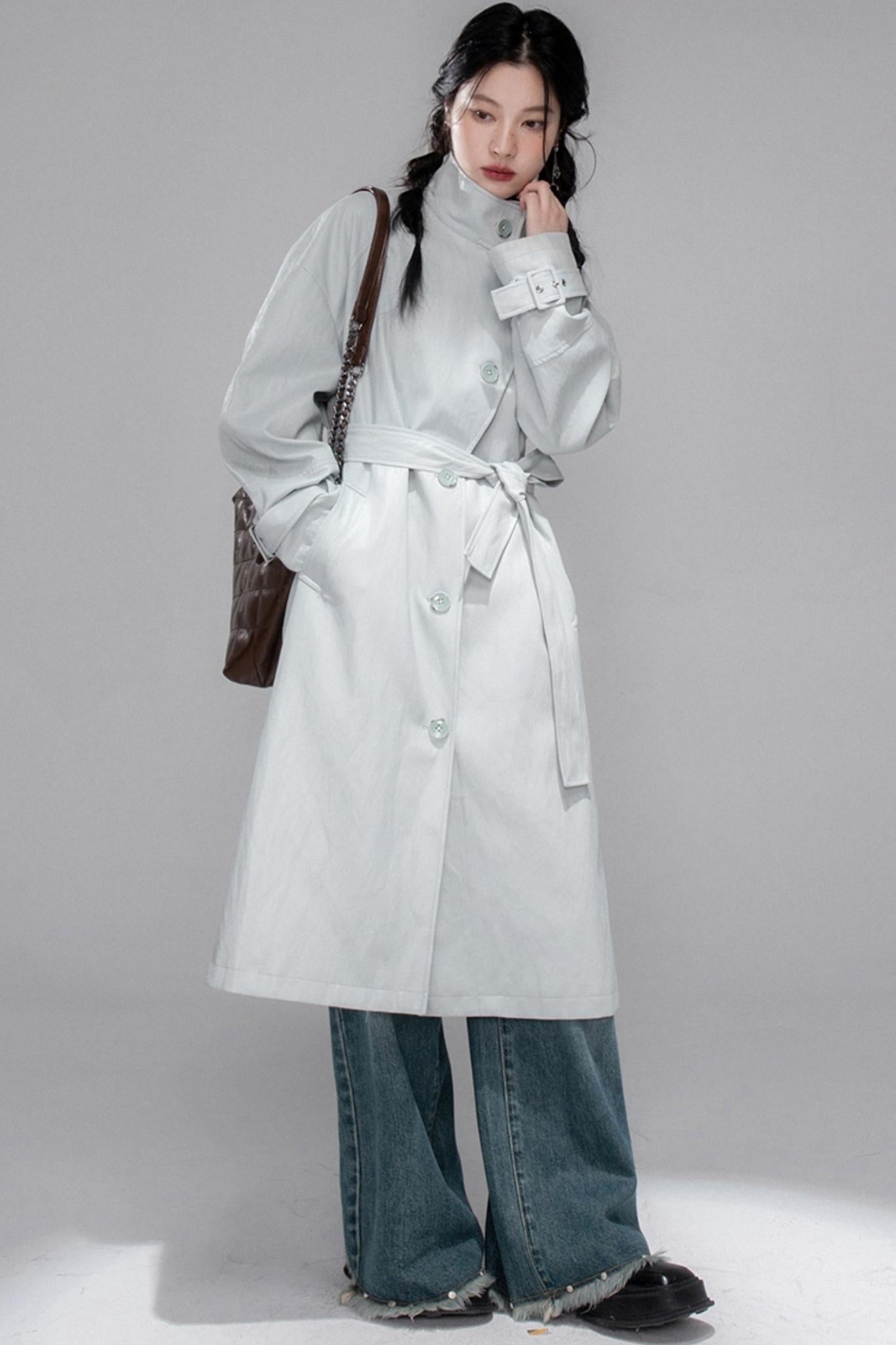 First Gray Leather Trench Coat