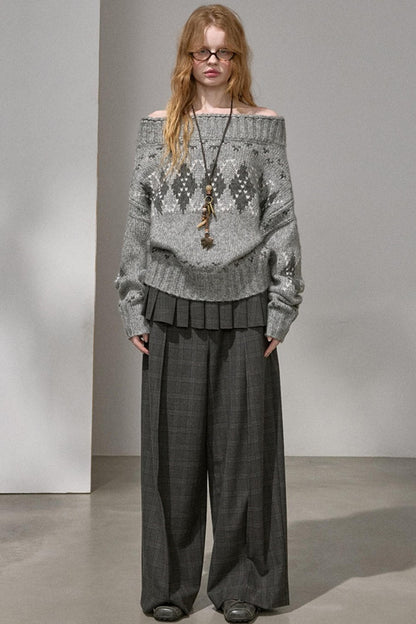 Thick Knit Argyle Off-Shoulder Sweater