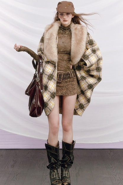 Plaid Fur Collar Woolen Coat
