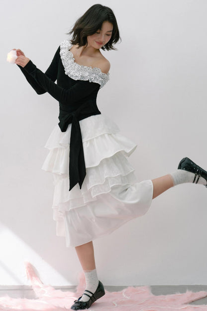 Sweet Slanted Shoulder Long-sleeved T-shirt