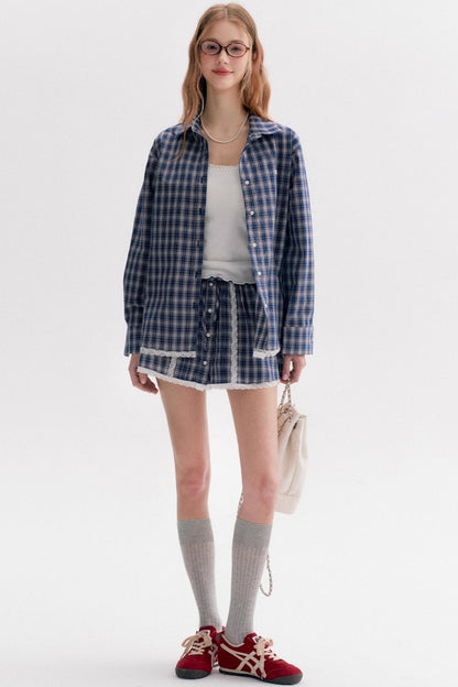 Lace Panel Check Loose Shirt Set-Up