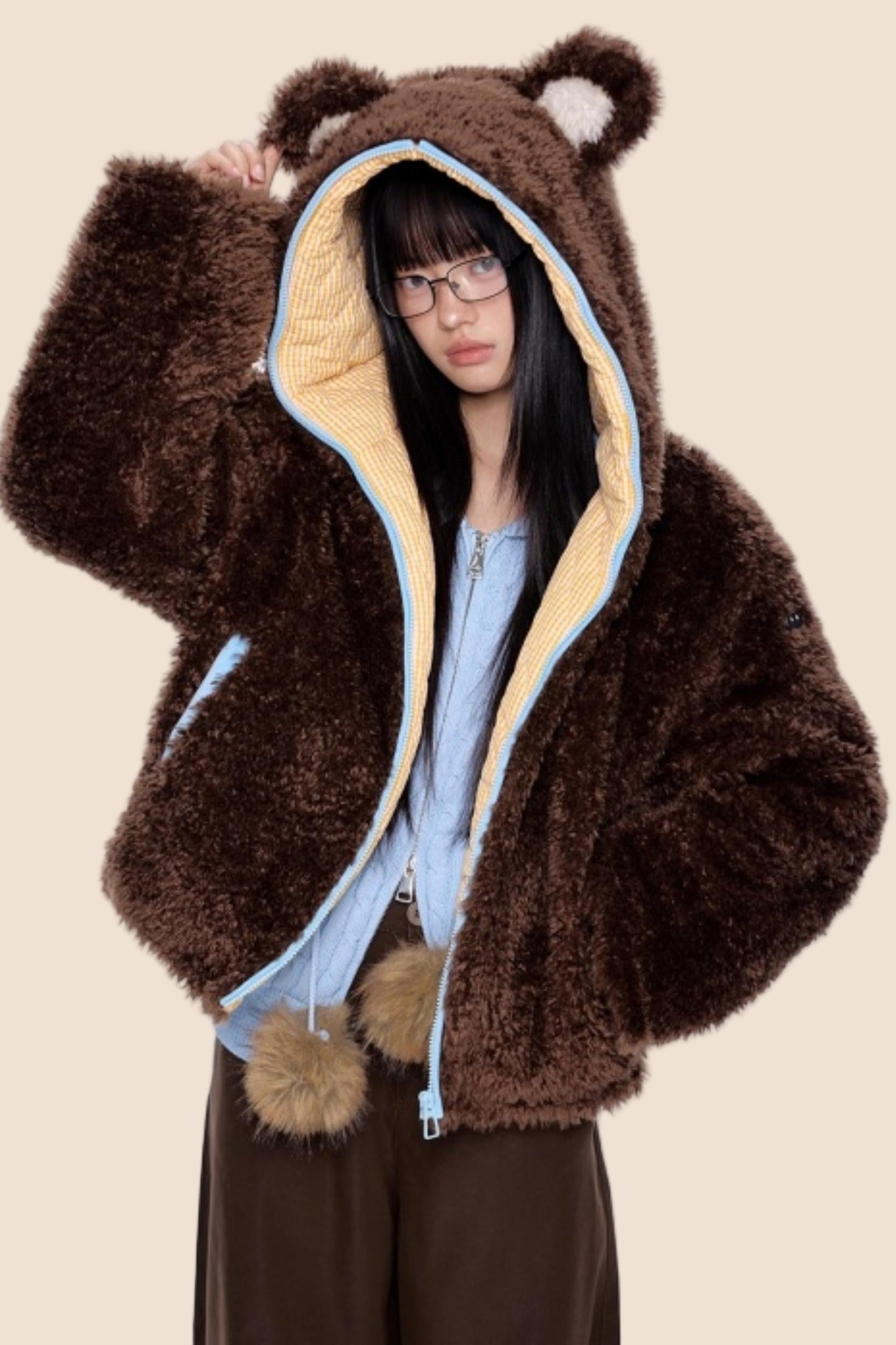 Ear-Flap Striped Faux Shearling Jacket