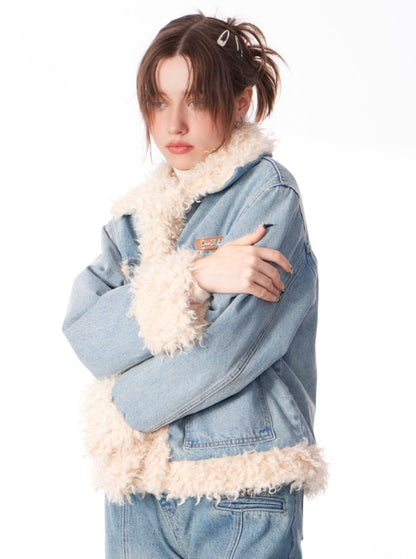 American thickened cotton denim lamb wool coat