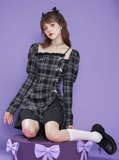 Plaid long-sleeve asymmetrical design dress