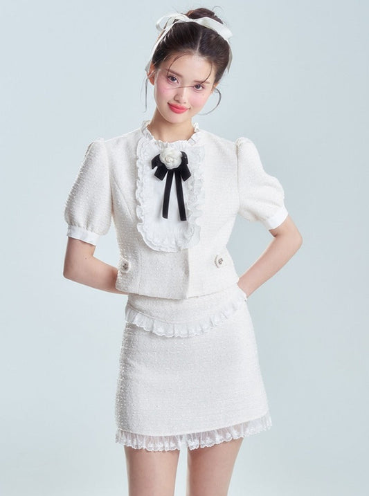 Bubble sleeve short top and half skirt suit