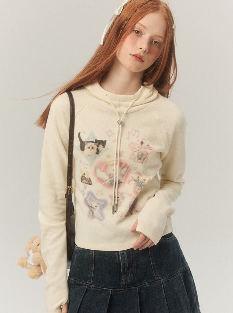 short hooded long-sleeved printed tops