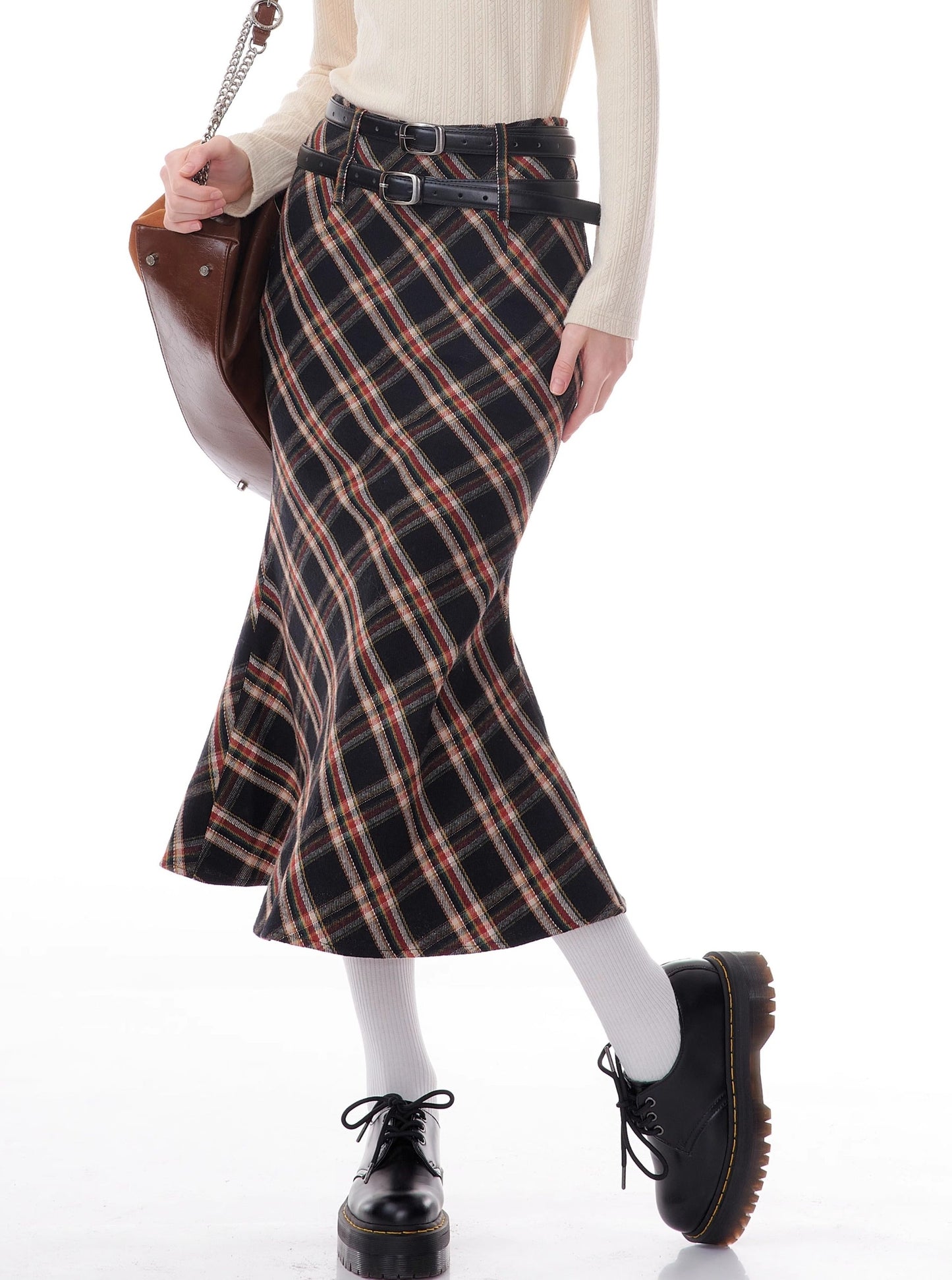 American retro high waist plaid skirt