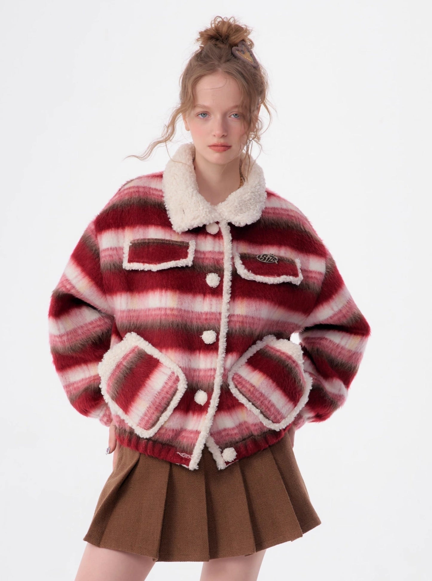 American lamb wool collar striped woolen coat