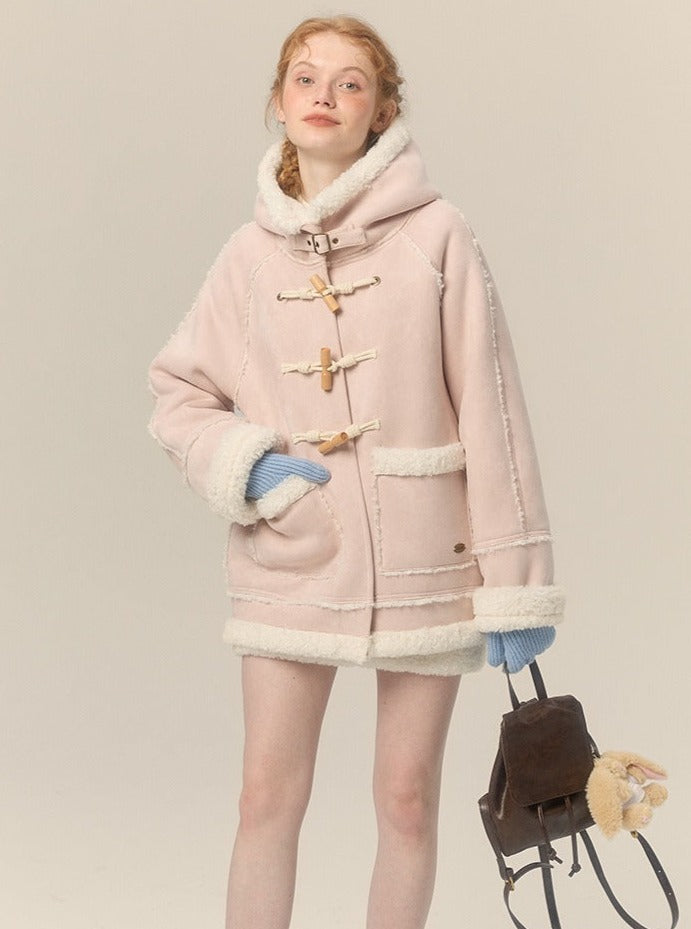 Hooded Horn Buckle Fur Jacket