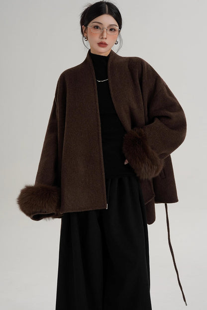 Elegant Fox Fur Sleeve Wool Coat