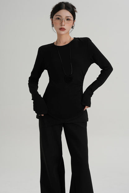 Shoulder Pads Hem Slit Long Sleeve T-shirt
