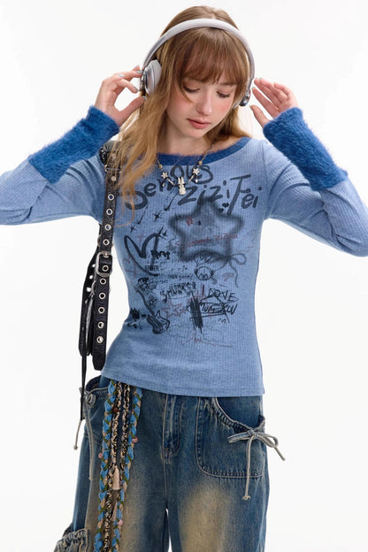 Patchwork Plush Crew Neck Knitted Base Shirt