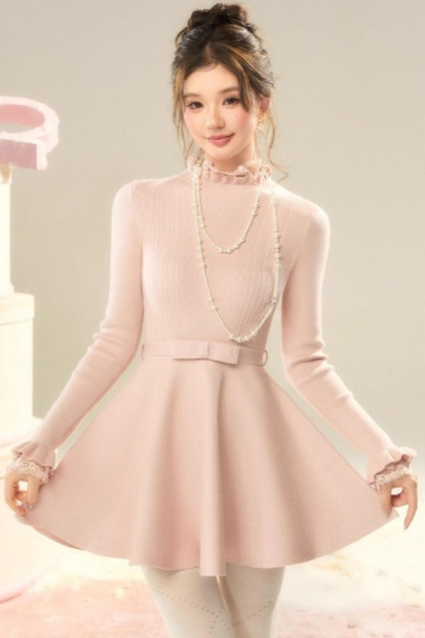 Lace High-Neck Knitted Dress