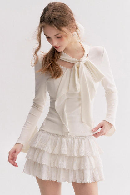 Romantic French Streamer Bow V-Neck Slim T-Shirt