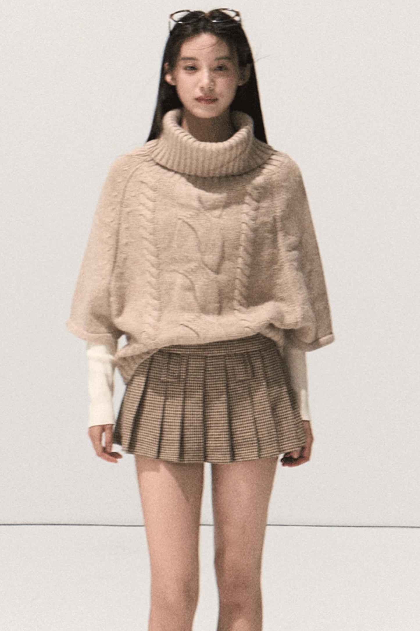 Wool Twist Knit Cape Sweater Top Skirt Set-Up