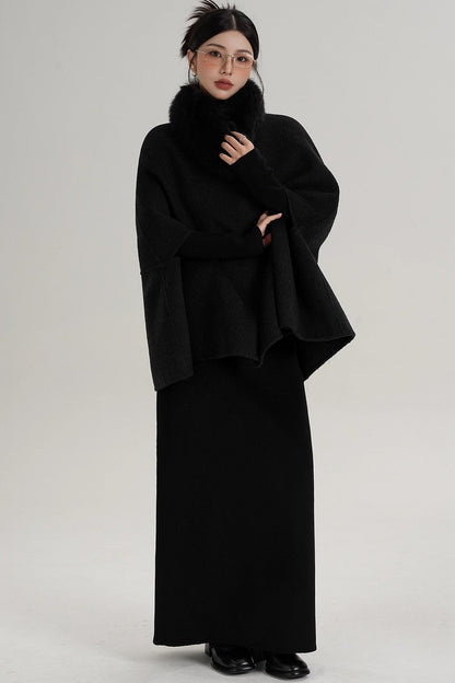 Elegant Fox Fur Wool Cape Coat