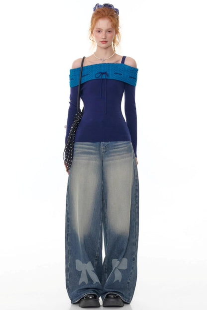 Retro Bow Design High-Waisted Denim Pants