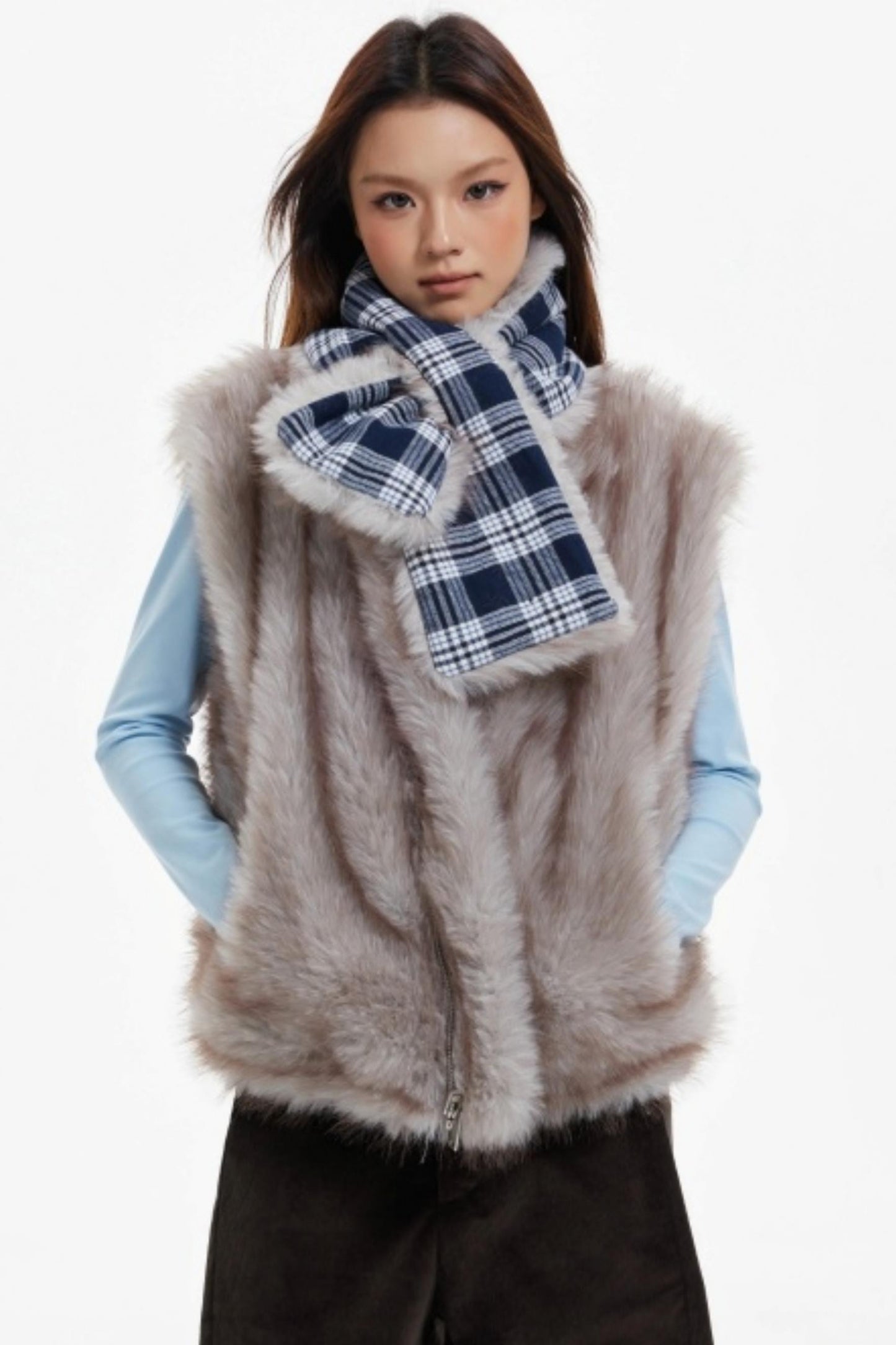 Plaid Lined Fur Vest Reversible Jacket