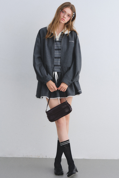 Lace Floral Gray Jacket Skirt Set-Up