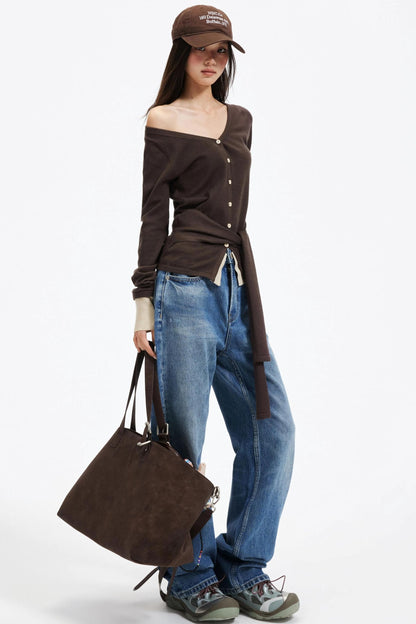 Color-Blocking Knit Off-Shoulder Sweater