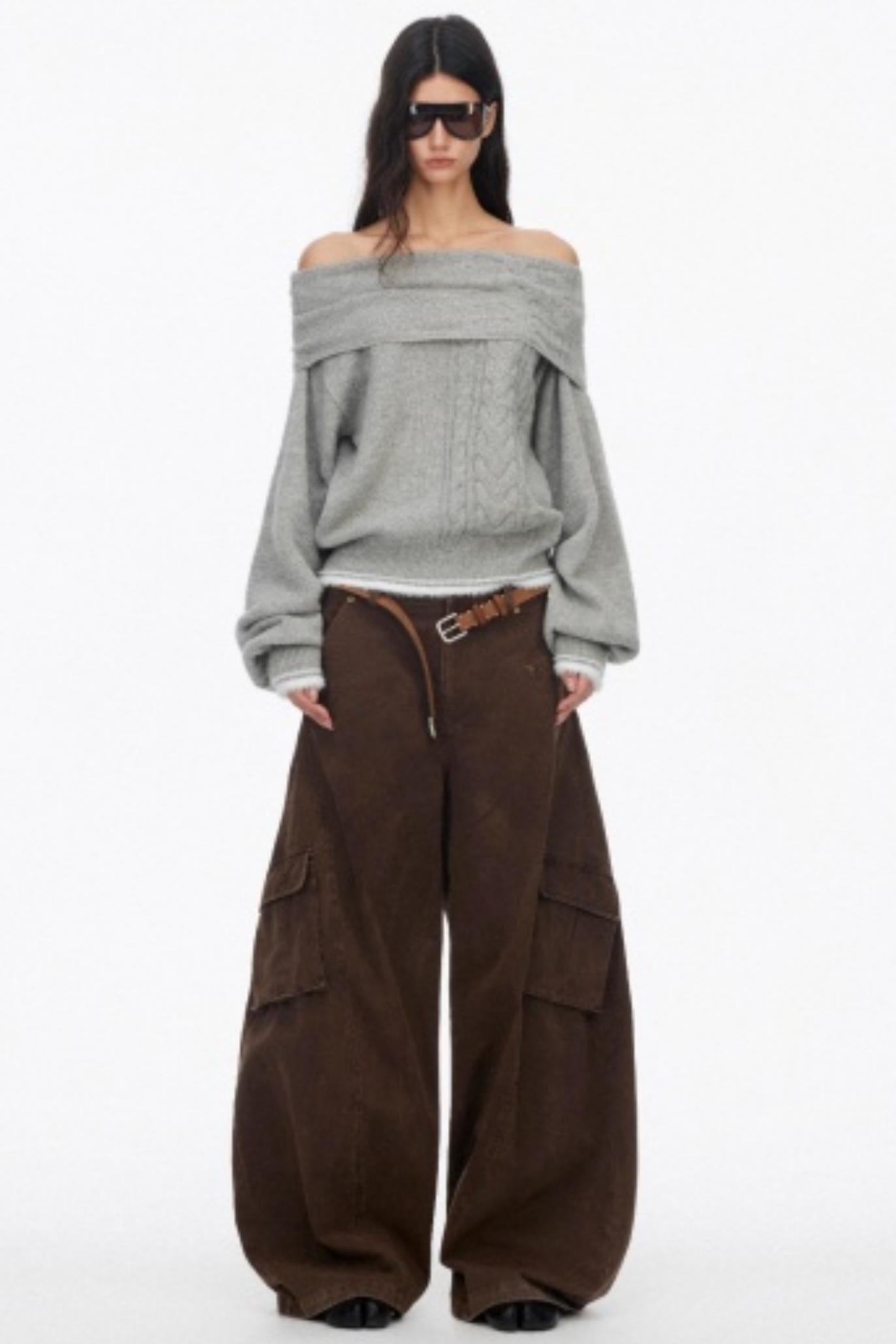 Off-Shoulder Color-Blocked Knit Sweater