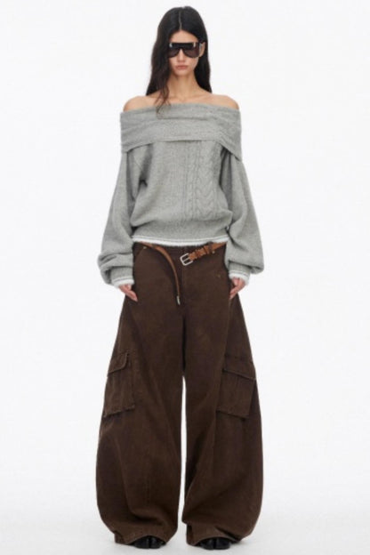 Off-Shoulder Color-Blocked Knit Sweater