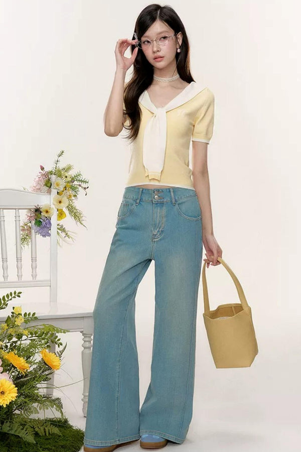 Sweet Sailor Collar Knit Top Set-Up
