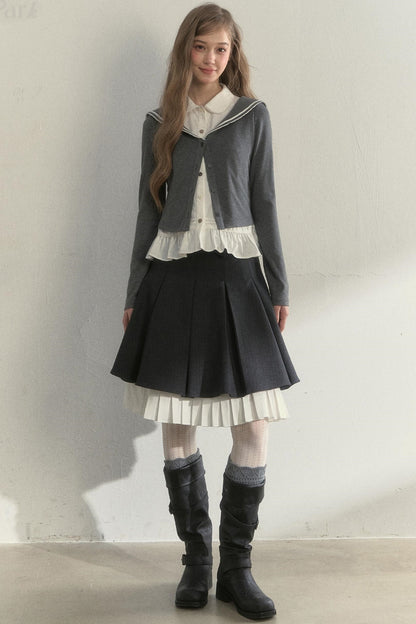 College Navy Collar Top & Skirt Set-Up