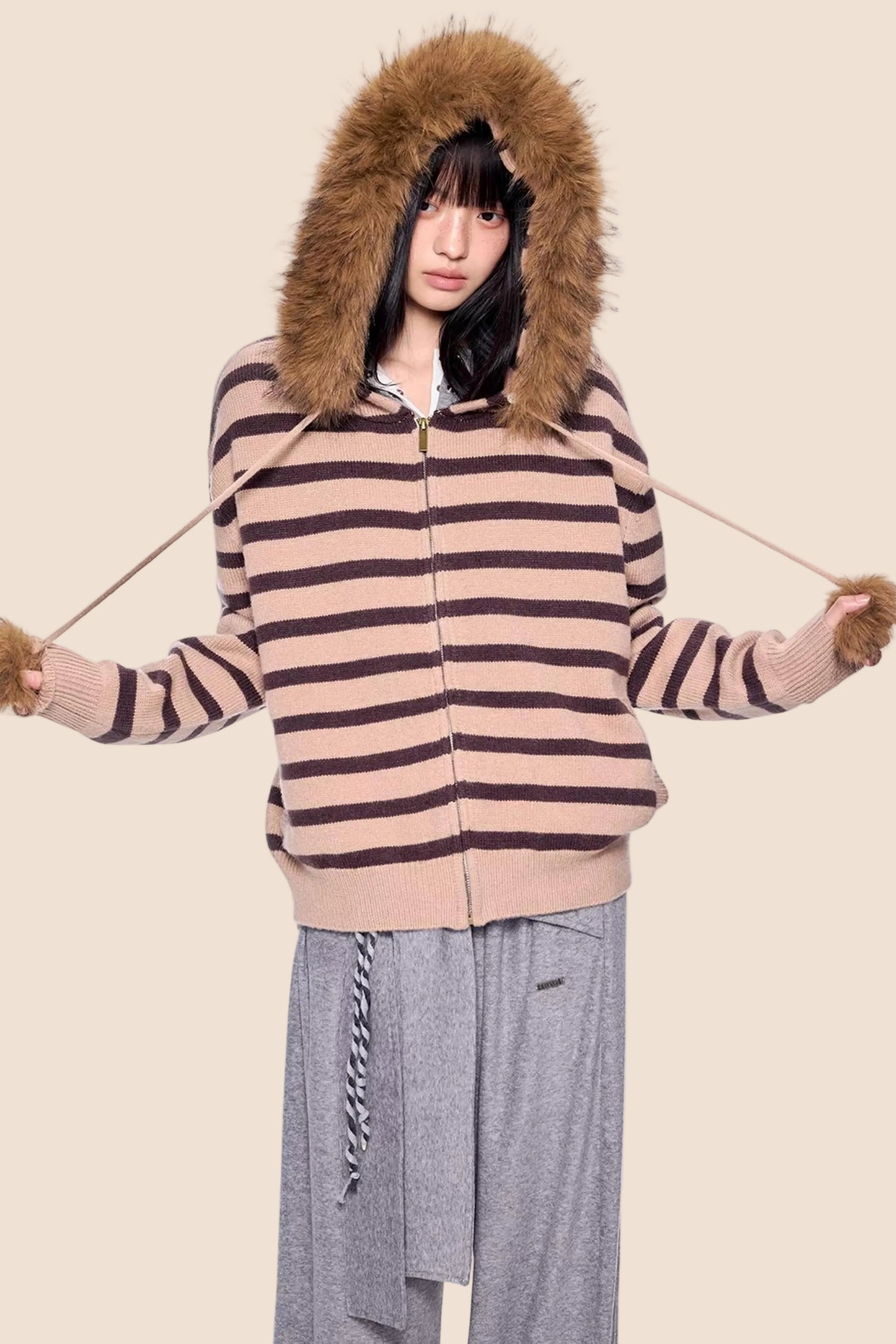 Fur Collar Striped Knit Cardigan