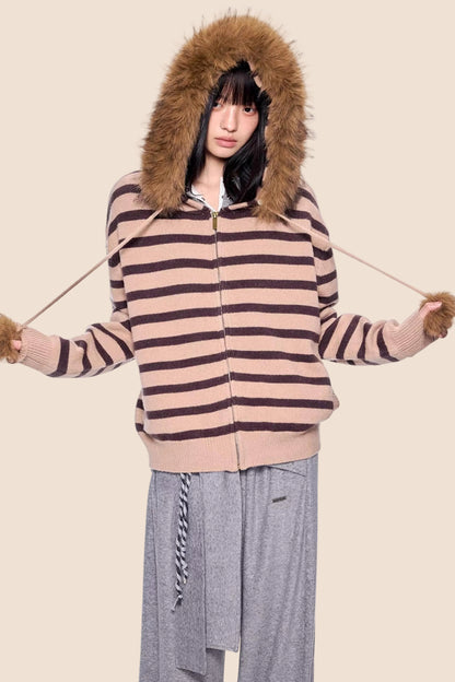Fur Collar Striped Knit Cardigan