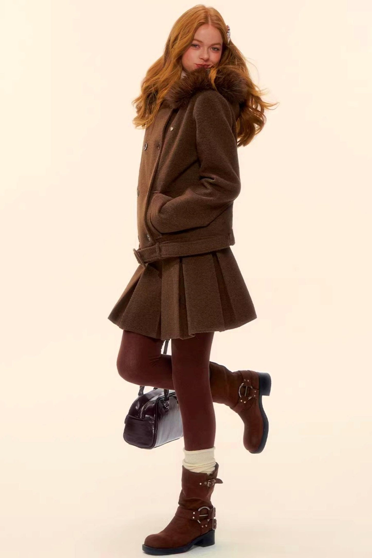 Retro Coffee Woolen Coat Skirt Set-Up