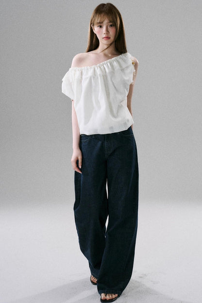 Beaded One-Shoulder Linen Top