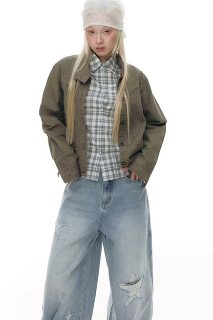 Plaid Cotton Waist-Cinching Blouse